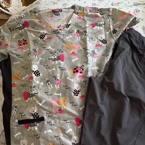 Gray and Pink Dog Print Scrub Set